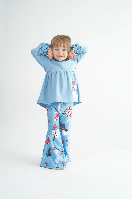 2pc Little Girl Blue Snowman Bell pant Set with ruffle sleeves.  Christmas Season 2023