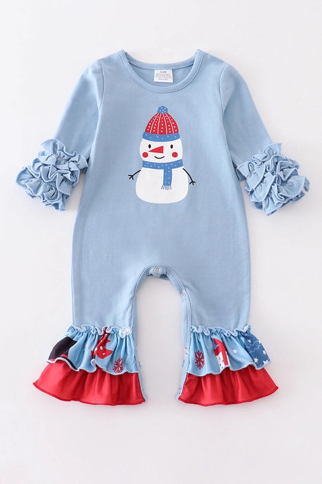 Blue Snowman Baby Girl Long Sleeve Romper with ruffle sleeves and bottomse 