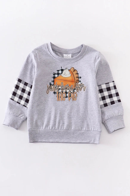 Grey Thanksgiving Long Sleeve Cute with checkered pattern on sleeves "just Here for the Pie"