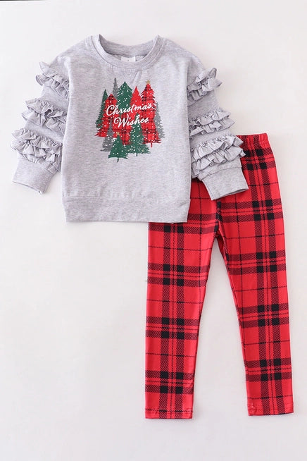 Little Girl 2pc Pant Christmas set.  Grey long sleeve with christmas trees that says "Christmas Wishes" Paired with Red & Black checkered leggings