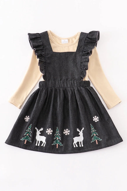 Little Girl 2 pc Christmas dress.  Grey dress with white deer and Christmas trees paired with cream long sleeve shirt