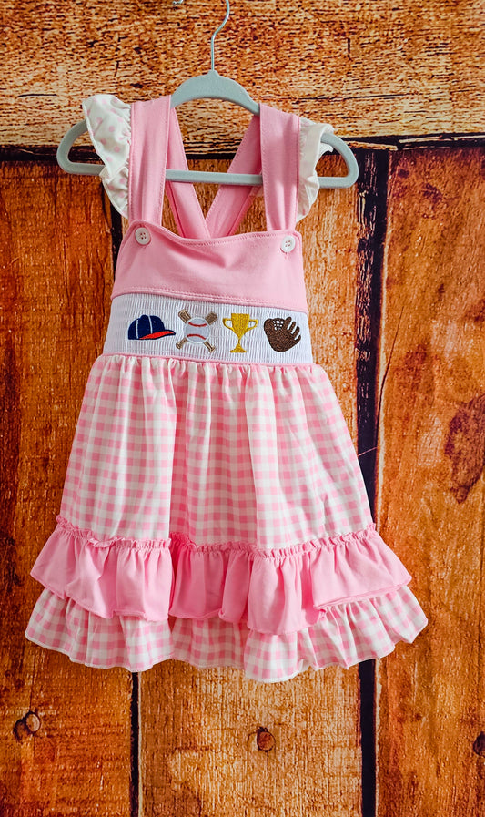Little Girl Pink Ruffle Dress with Baseball embroidered design.