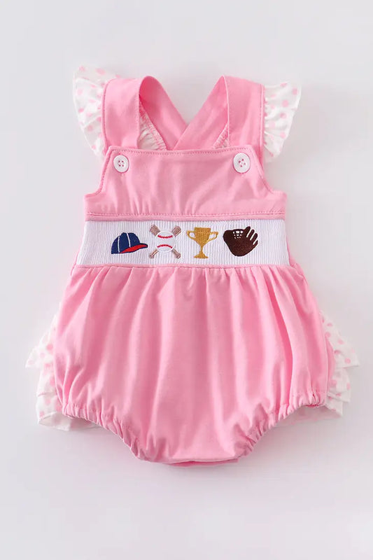 Baby Girl Pink Ruffle Romper with Baseball embroidered design.