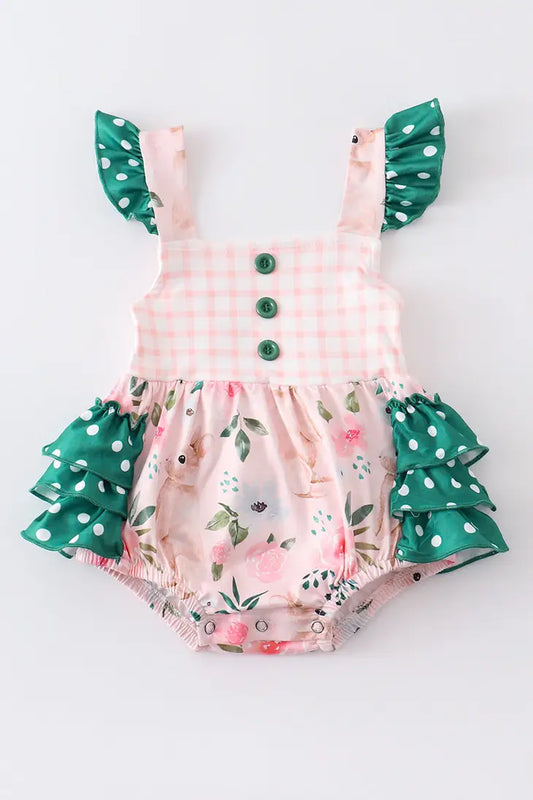 Bella Bunny Baby Girl Romper.  Pink with green and white polka dot ruffle bottom.  Flower and Bunny details. 