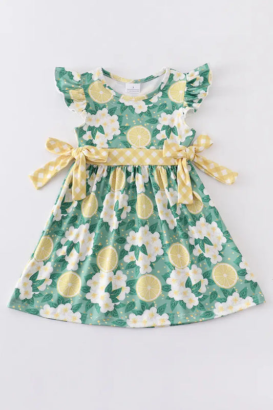 Little girl green dress with lemon details and ruffle sleeves