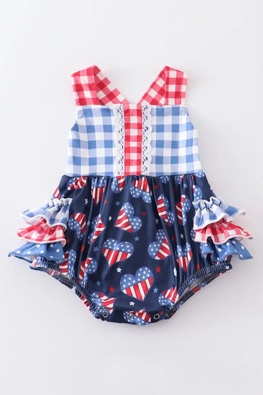 Adorable Baby girl Romper with American Flag hearts and ruffle bottom